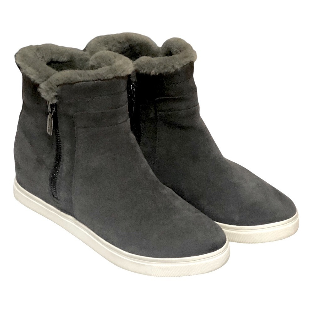 Blondo Glade Dark Grey Suede Leather Waterproof Faux Fur Trim Zip Sneaker sz 7.5